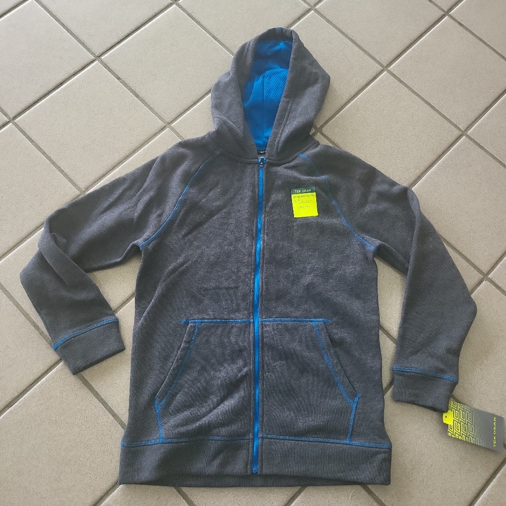 NWT Boys Medium Tek Gear Ultra Soft Fleece Zip-Up Hoodie Jacket Grey & Blue